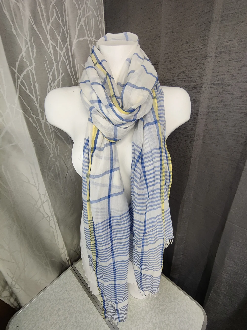 Naturally Knotty Oversized Rayon Scarf Wrap White Blue Sheer Lightweight 32x86